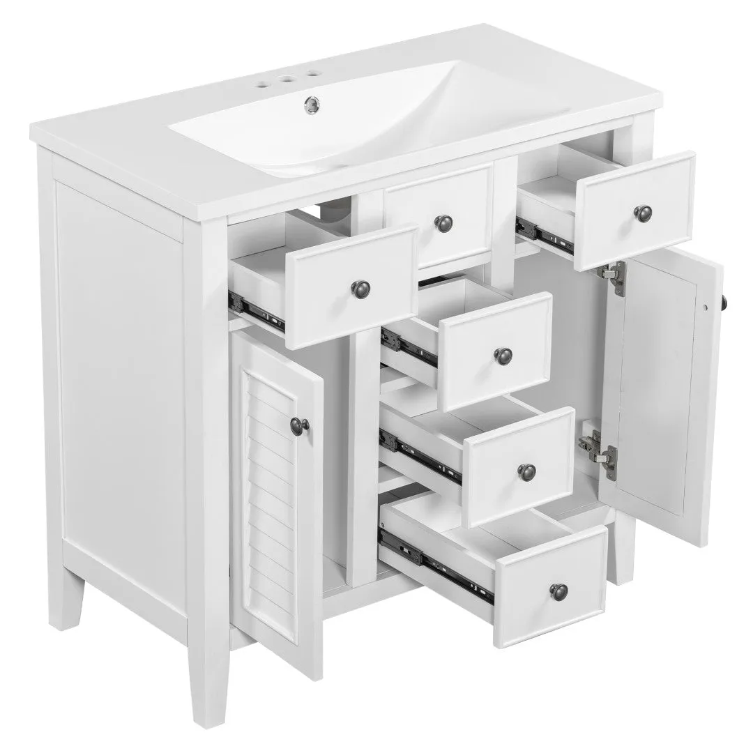 36" Bathroom Vanity, Ceramic Basin, 2 Cabinets, 5 Drawers, Solid Wood Frame, White (Old Sku: Sy999202Aak-1)