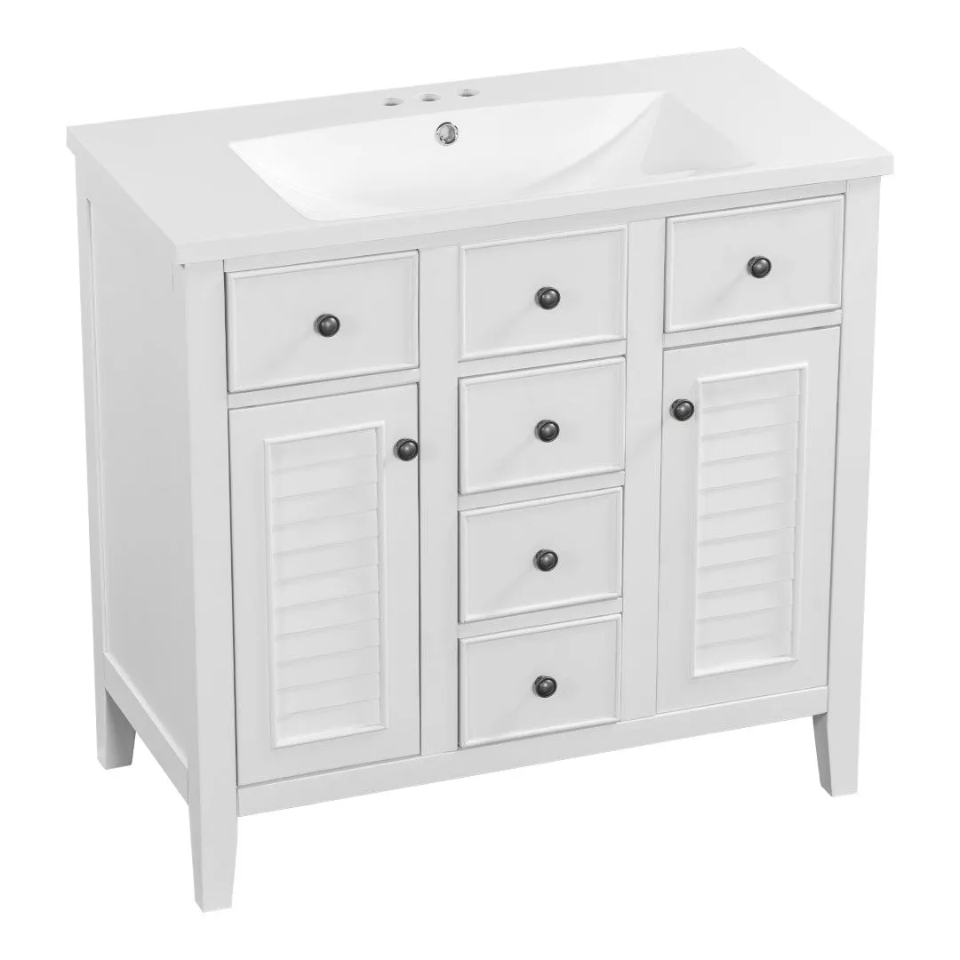 36" Bathroom Vanity, Ceramic Basin, 2 Cabinets, 5 Drawers, Solid Wood Frame, White (Old Sku: Sy999202Aak-1)