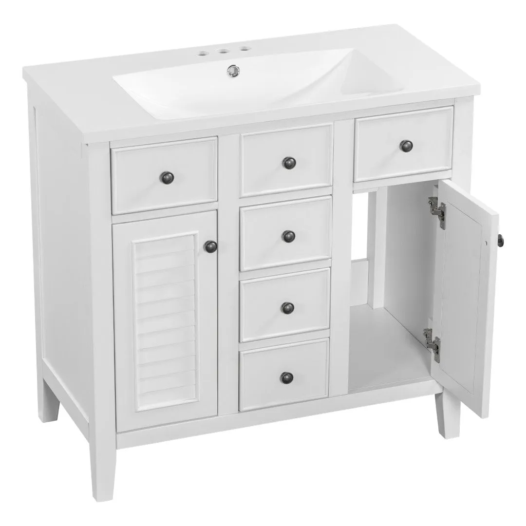 36" Bathroom Vanity, Ceramic Basin, 2 Cabinets, 5 Drawers, Solid Wood Frame, White (Old Sku: Sy999202Aak-1)