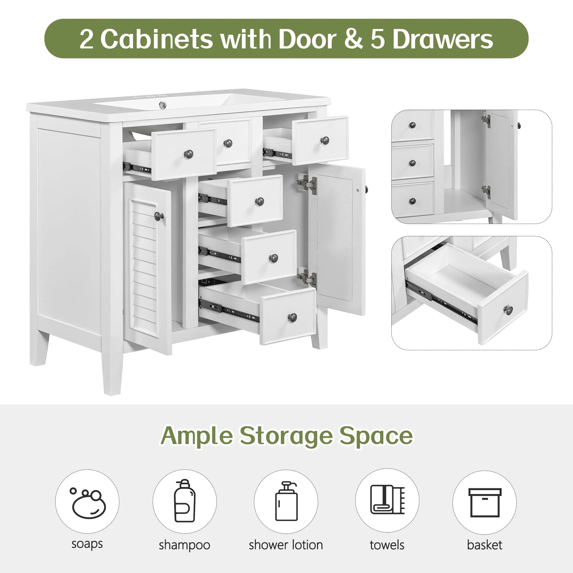 36" Bathroom Vanity, Ceramic Basin, 2 Cabinets, 5 Drawers, Solid Wood Frame, White (Old Sku: Sy999202Aak-1)