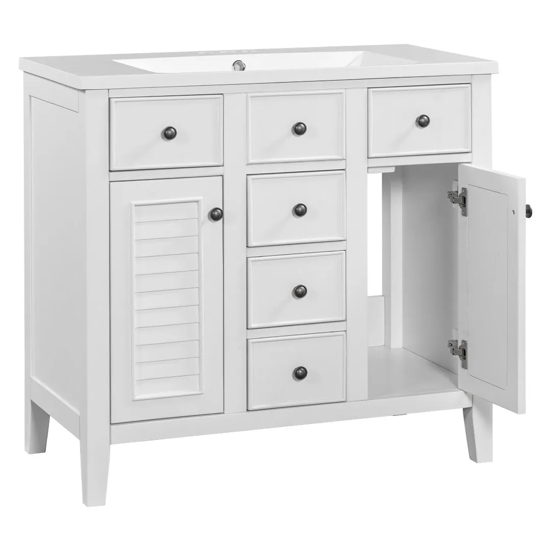 36" Bathroom Vanity, Ceramic Basin, 2 Cabinets, 5 Drawers, Solid Wood Frame, White (Old Sku: Sy999202Aak-1)