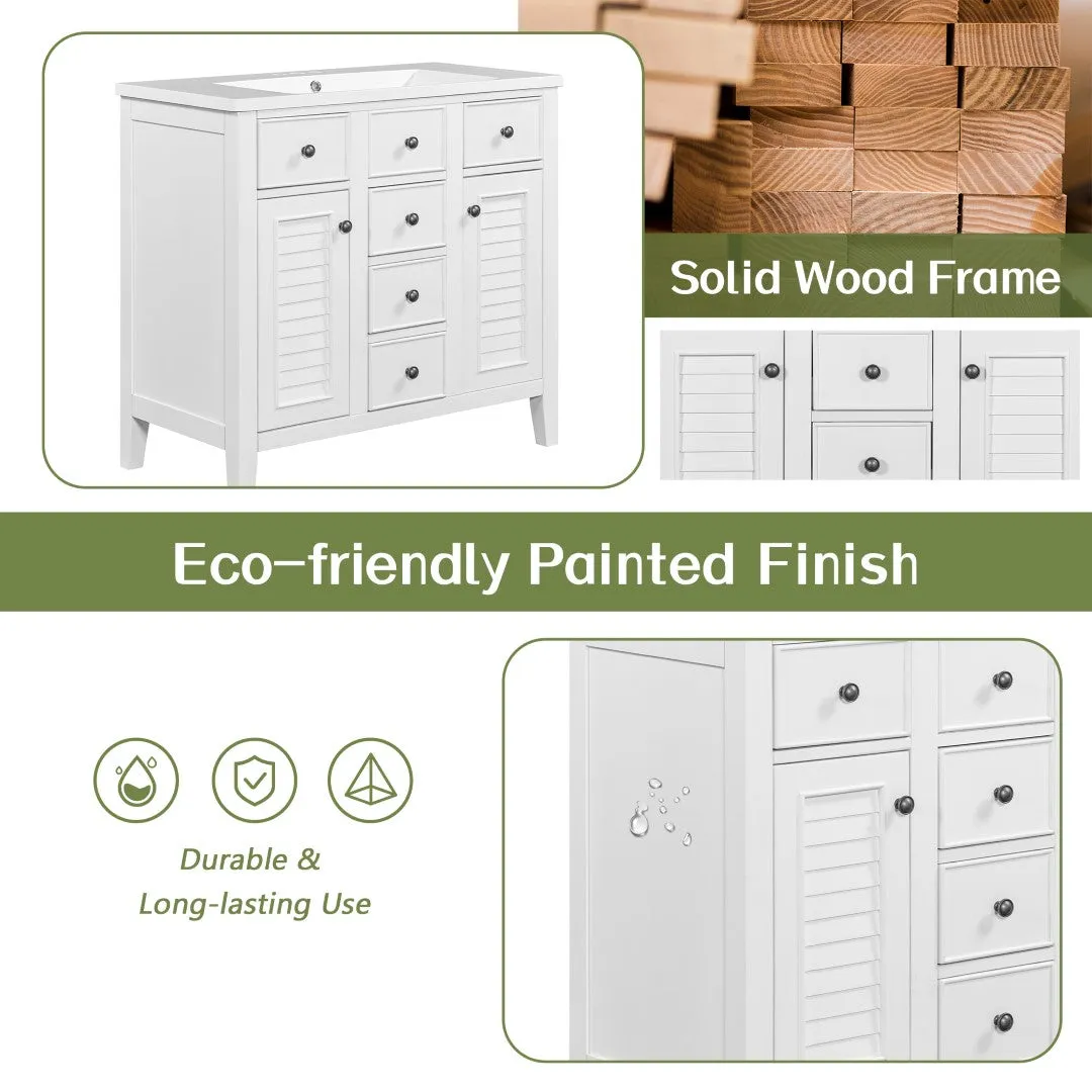 36" Bathroom Vanity, Ceramic Basin, 2 Cabinets, 5 Drawers, Solid Wood Frame, White (Old Sku: Sy999202Aak-1)