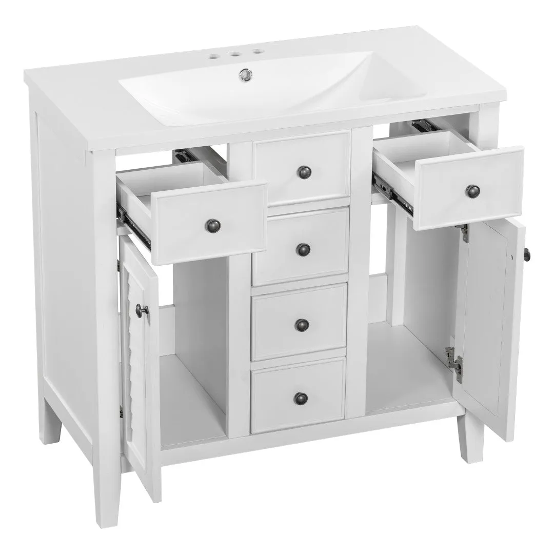 36" Bathroom Vanity, Ceramic Basin, 2 Cabinets, 5 Drawers, Solid Wood Frame, White (Old Sku: Sy999202Aak-1)