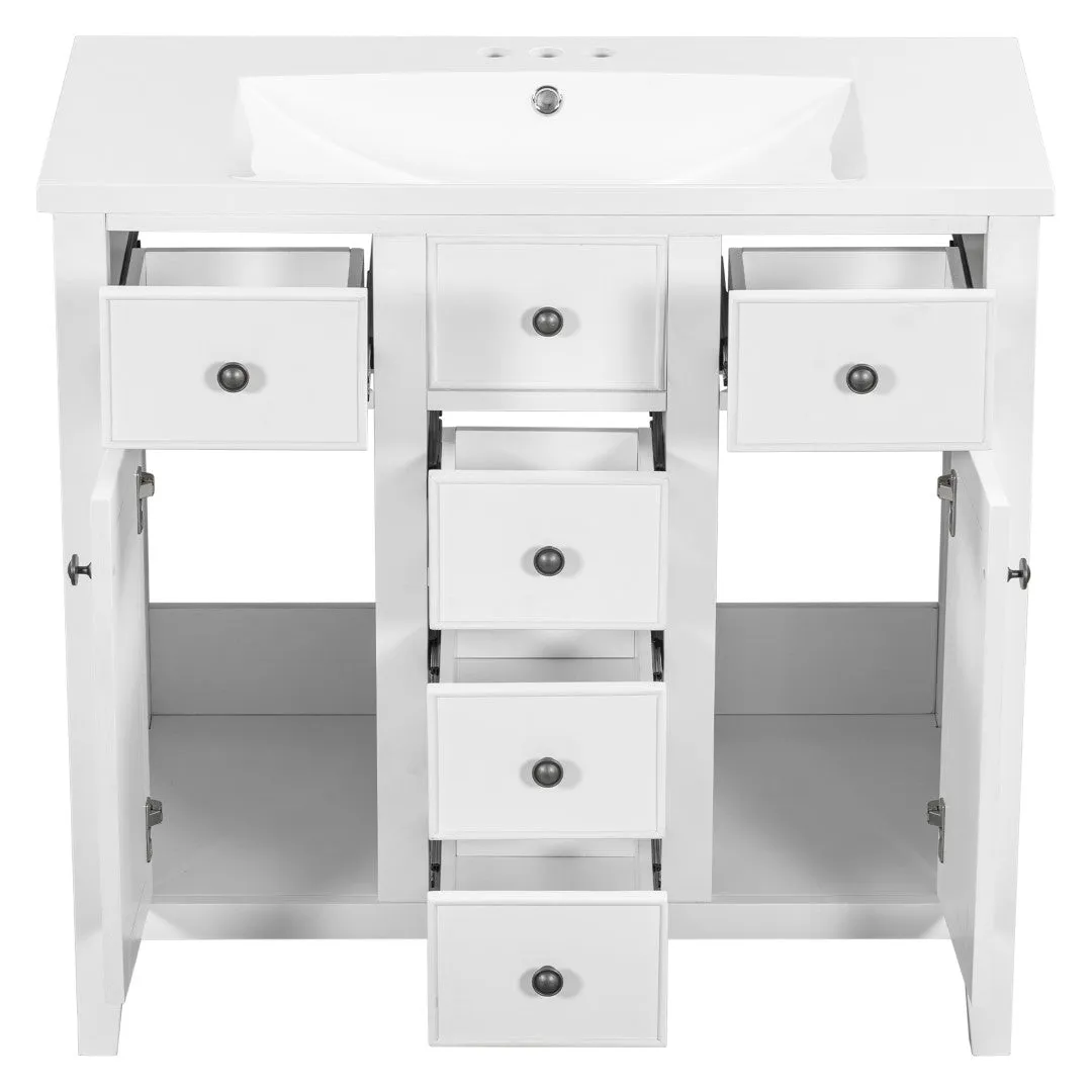 36" Bathroom Vanity, Ceramic Basin, 2 Cabinets, 5 Drawers, Solid Wood Frame, White (Old Sku: Sy999202Aak-1)