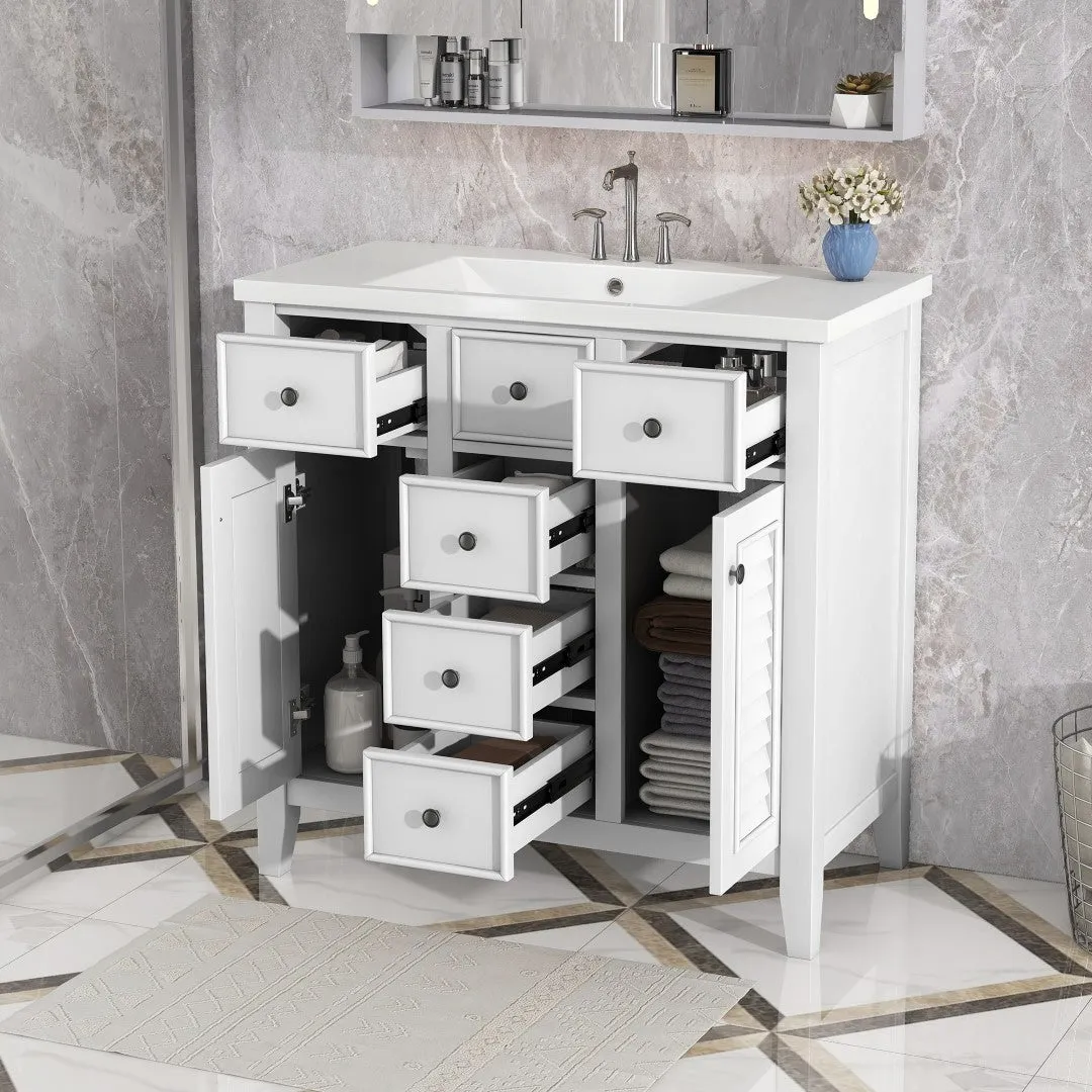 36" Bathroom Vanity, Ceramic Basin, 2 Cabinets, 5 Drawers, Solid Wood Frame, White (Old Sku: Sy999202Aak-1)