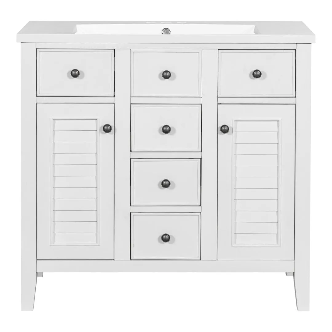 36" Bathroom Vanity, Ceramic Basin, 2 Cabinets, 5 Drawers, Solid Wood Frame, White (Old Sku: Sy999202Aak-1)