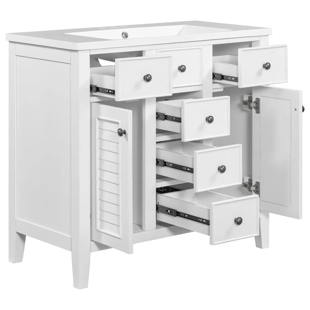 36" Bathroom Vanity, Ceramic Basin, 2 Cabinets, 5 Drawers, Solid Wood Frame, White (Old Sku: Sy999202Aak-1)