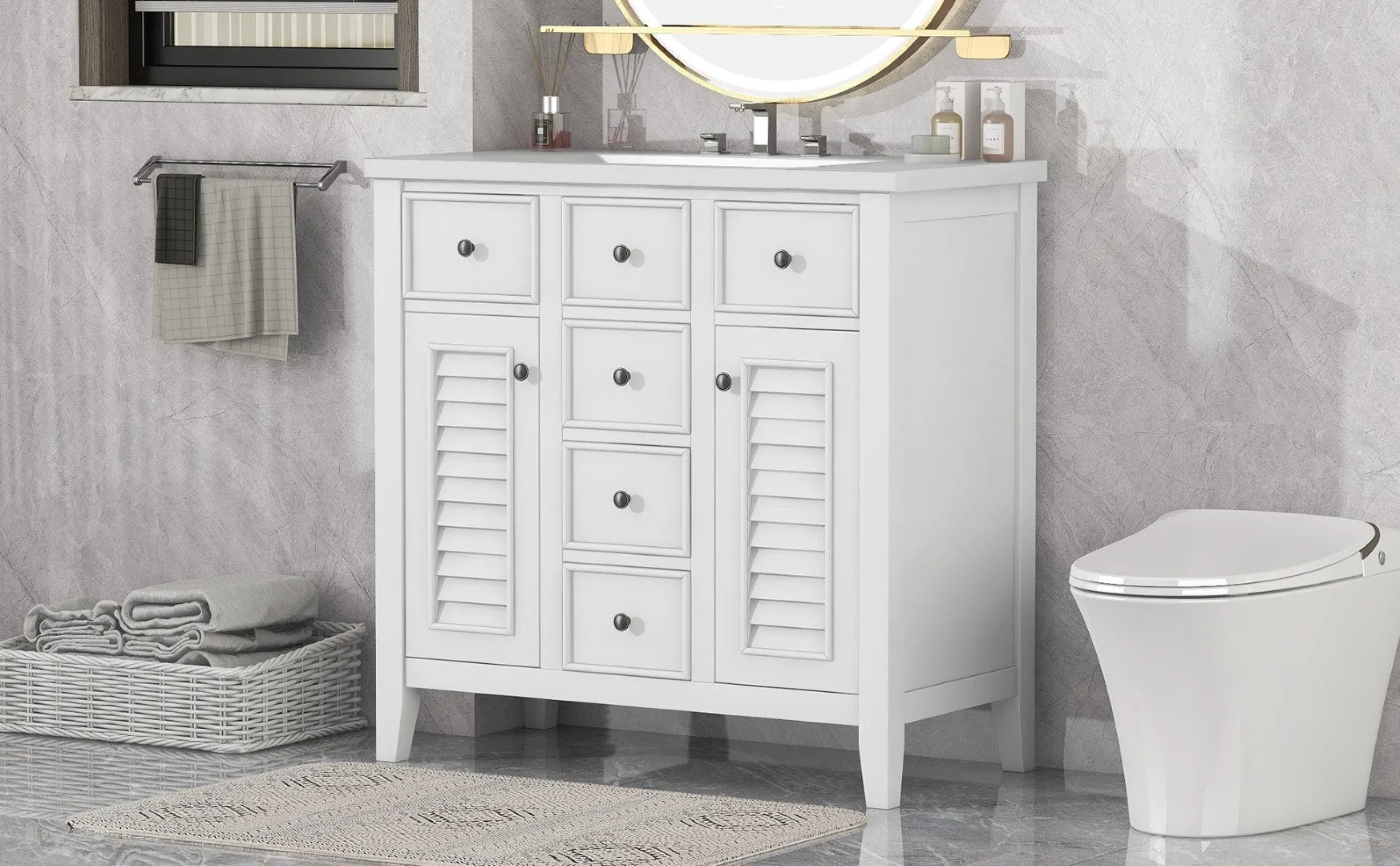 36" Bathroom Vanity, Ceramic Basin, 2 Cabinets, 5 Drawers, Solid Wood Frame, White (Old Sku: Sy999202Aak-1)