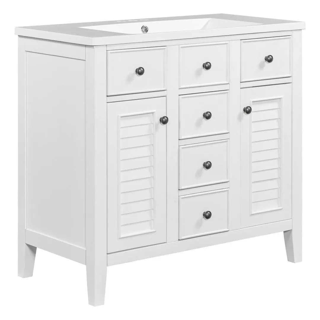 36" Bathroom Vanity, Ceramic Basin, 2 Cabinets, 5 Drawers, Solid Wood Frame, White (Old Sku: Sy999202Aak-1)