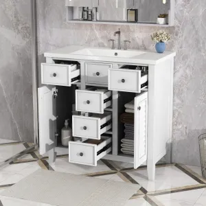 36" Bathroom Vanity, Ceramic Basin, 2 Cabinets, 5 Drawers, Solid Wood Frame, White (Old Sku: Sy999202Aak-1)