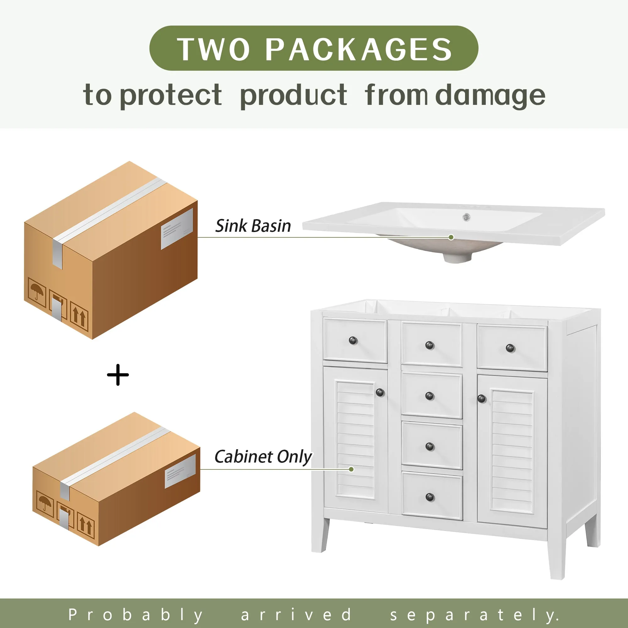 36" Bathroom Vanity, Ceramic Basin, 2 Cabinets, 5 Drawers, Solid Wood Frame, White (Old Sku: Sy999202Aak-1)