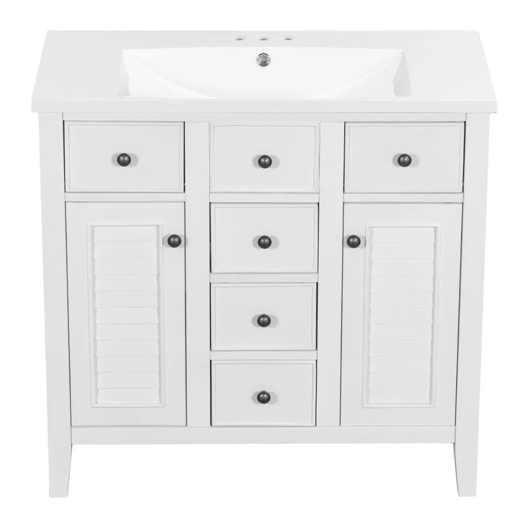 36" Bathroom Vanity, Ceramic Basin, 2 Cabinets, 5 Drawers, Solid Wood Frame, White (Old Sku: Sy999202Aak-1)