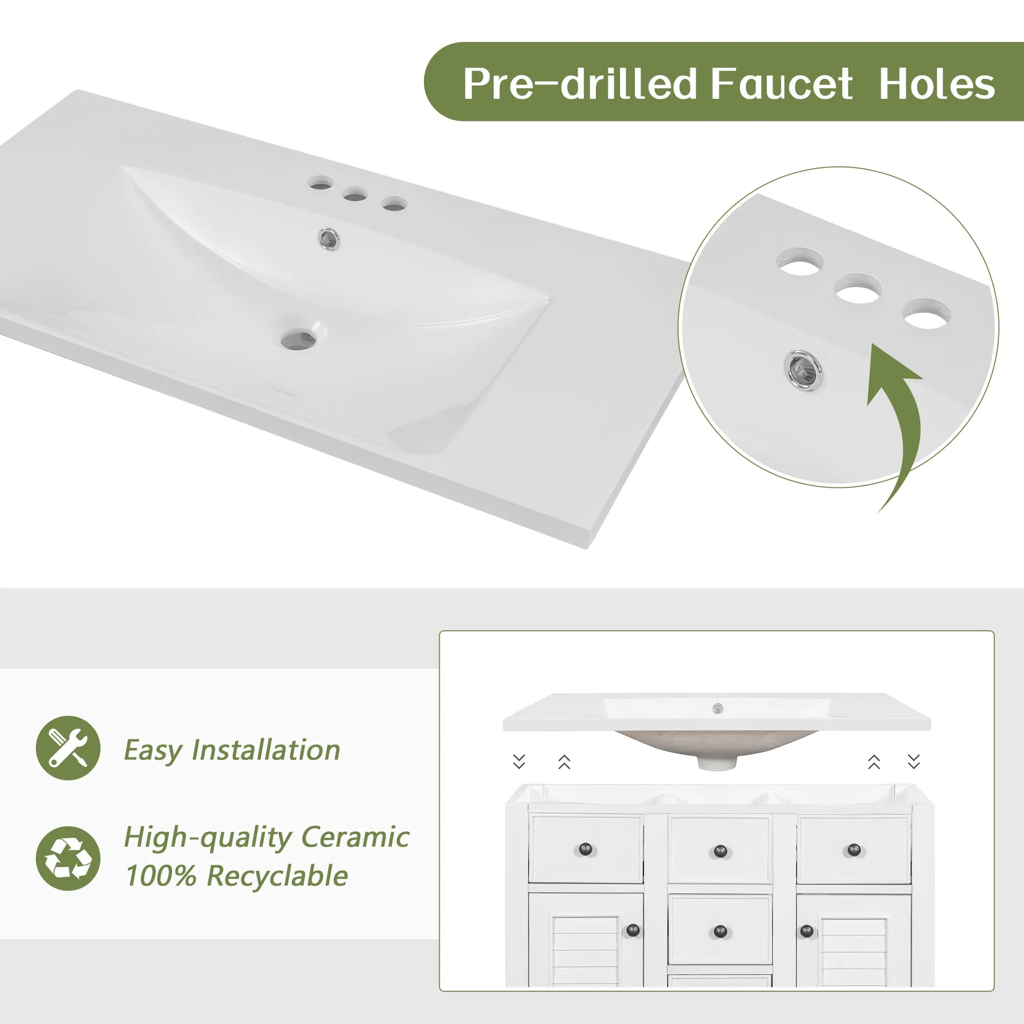 36" Bathroom Vanity, Ceramic Basin, 2 Cabinets, 5 Drawers, Solid Wood Frame, White (Old Sku: Sy999202Aak-1)