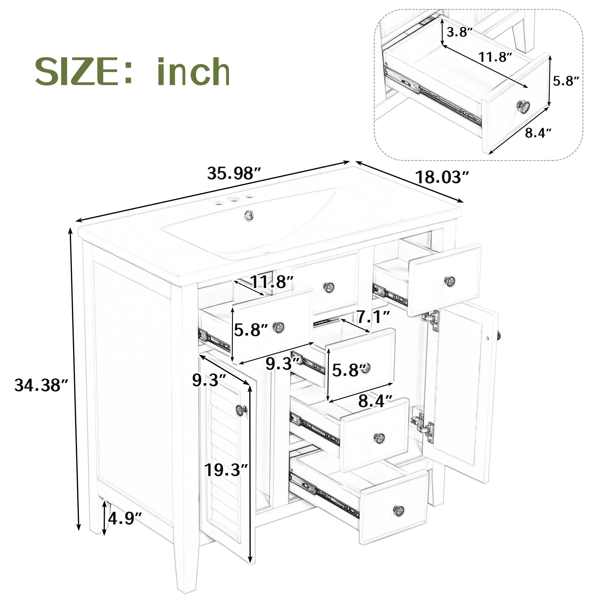 36" Bathroom Vanity, Ceramic Basin, 2 Cabinets, 5 Drawers, Solid Wood Frame, White (Old Sku: Sy999202Aak-1)