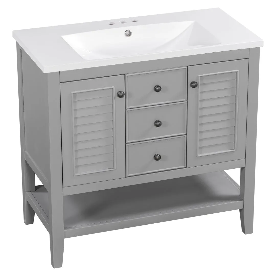 36" Bathroom Vanity, Ceramic Basin, 2 Cabinets & Drawers, Open Shelf, Solid Wood Frame, Grey (Old Sku: Sy999101Aae)