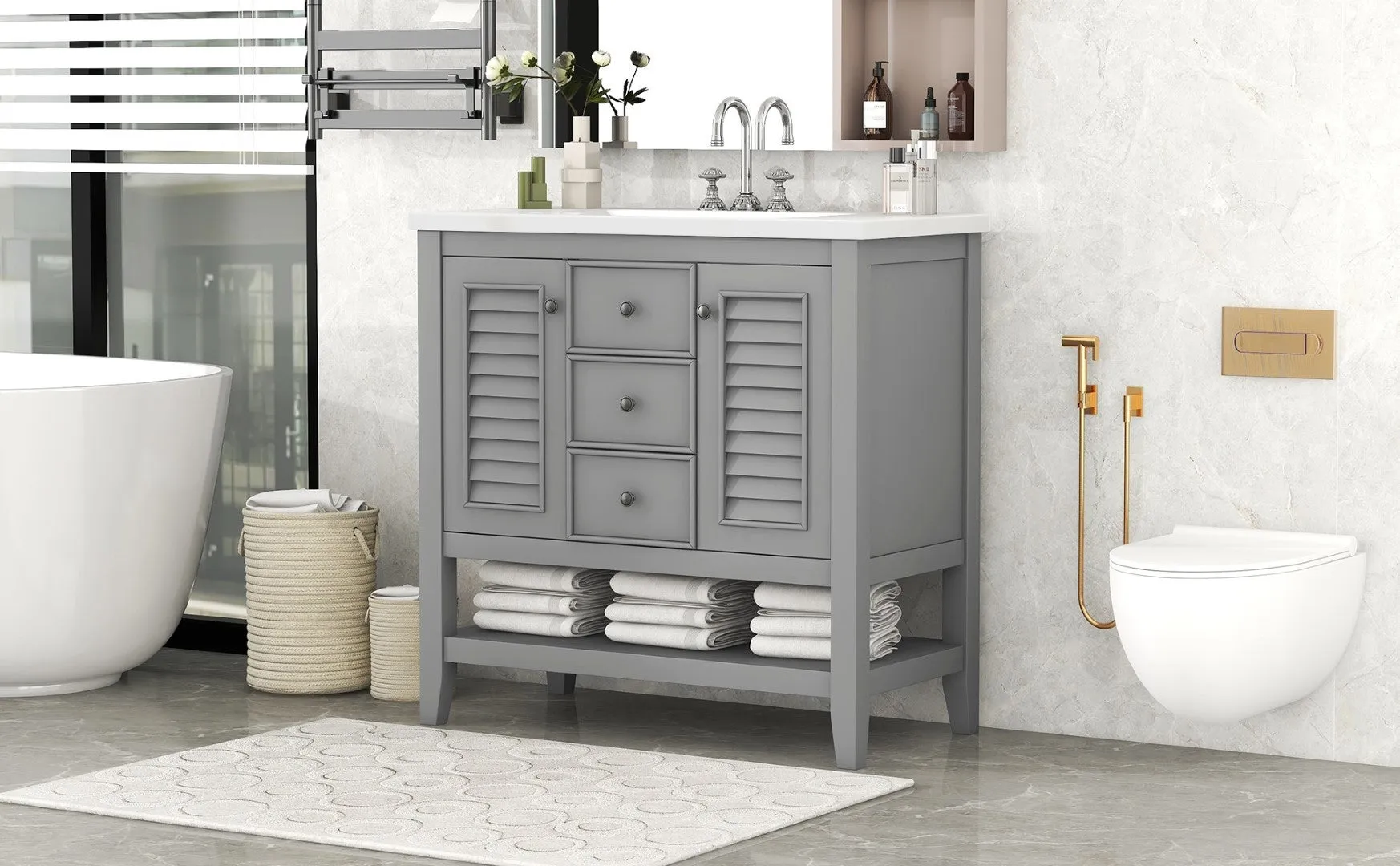 36" Bathroom Vanity, Ceramic Basin, 2 Cabinets & Drawers, Open Shelf, Solid Wood Frame, Grey (Old Sku: Sy999101Aae)