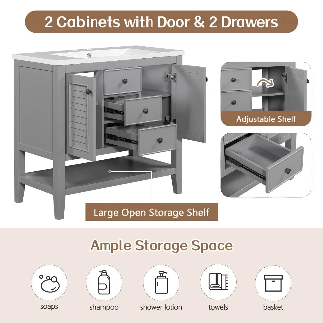 36" Bathroom Vanity, Ceramic Basin, 2 Cabinets & Drawers, Open Shelf, Solid Wood Frame, Grey (Old Sku: Sy999101Aae)
