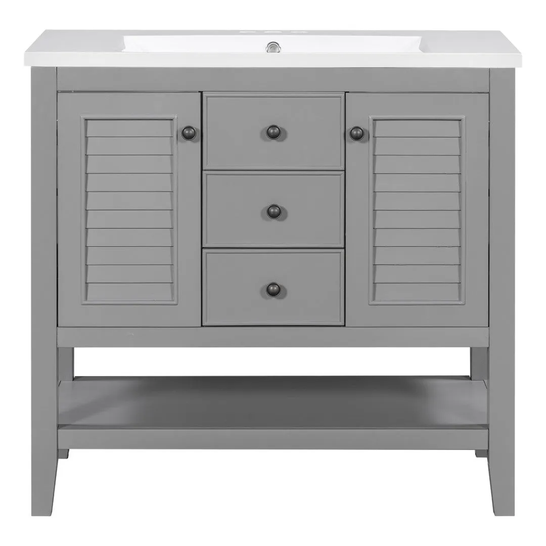 36" Bathroom Vanity, Ceramic Basin, 2 Cabinets & Drawers, Open Shelf, Solid Wood Frame, Grey (Old Sku: Sy999101Aae)