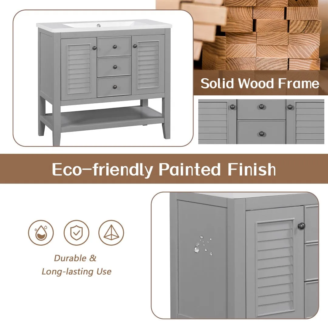 36" Bathroom Vanity, Ceramic Basin, 2 Cabinets & Drawers, Open Shelf, Solid Wood Frame, Grey (Old Sku: Sy999101Aae)