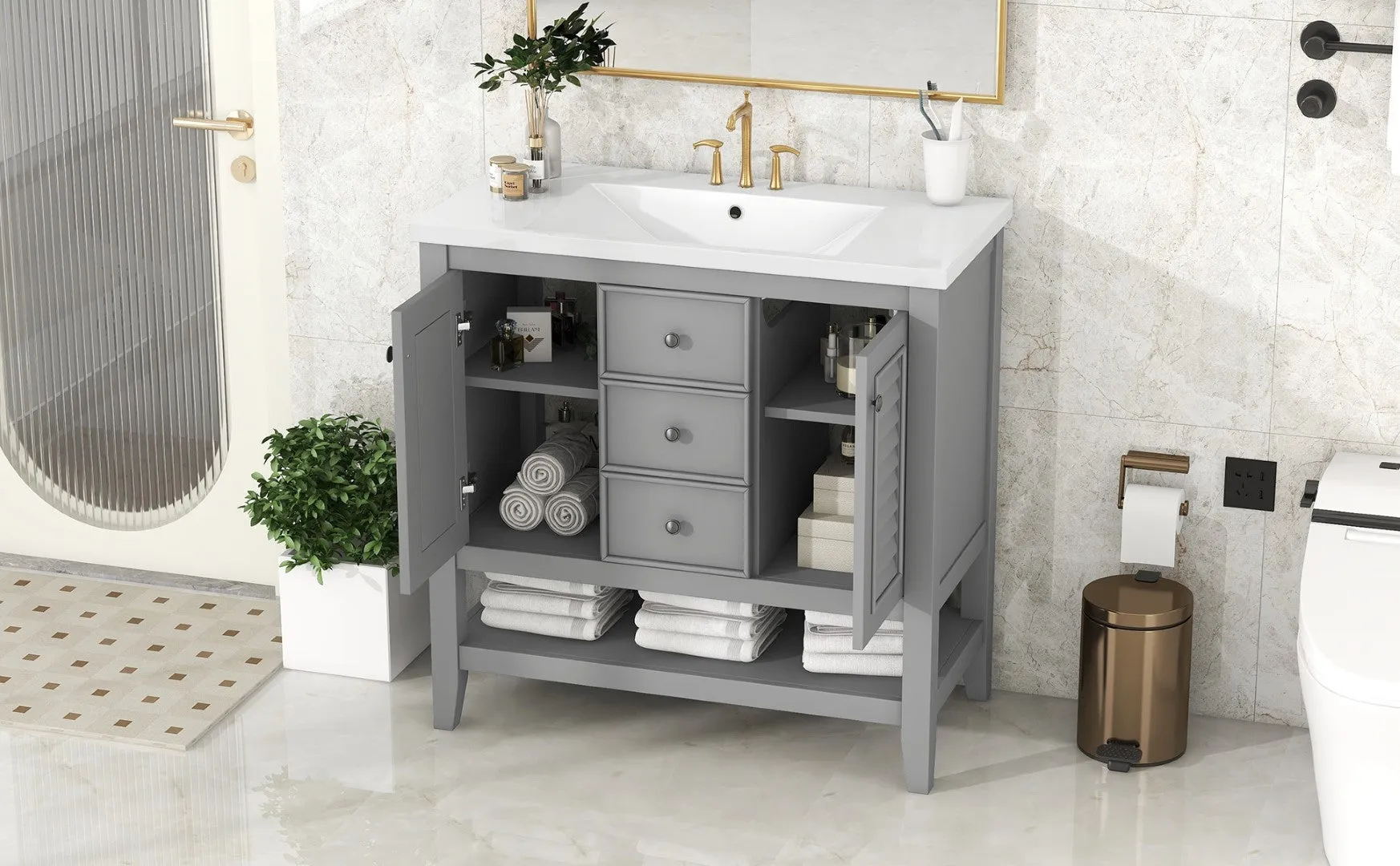 36" Bathroom Vanity, Ceramic Basin, 2 Cabinets & Drawers, Open Shelf, Solid Wood Frame, Grey (Old Sku: Sy999101Aae)