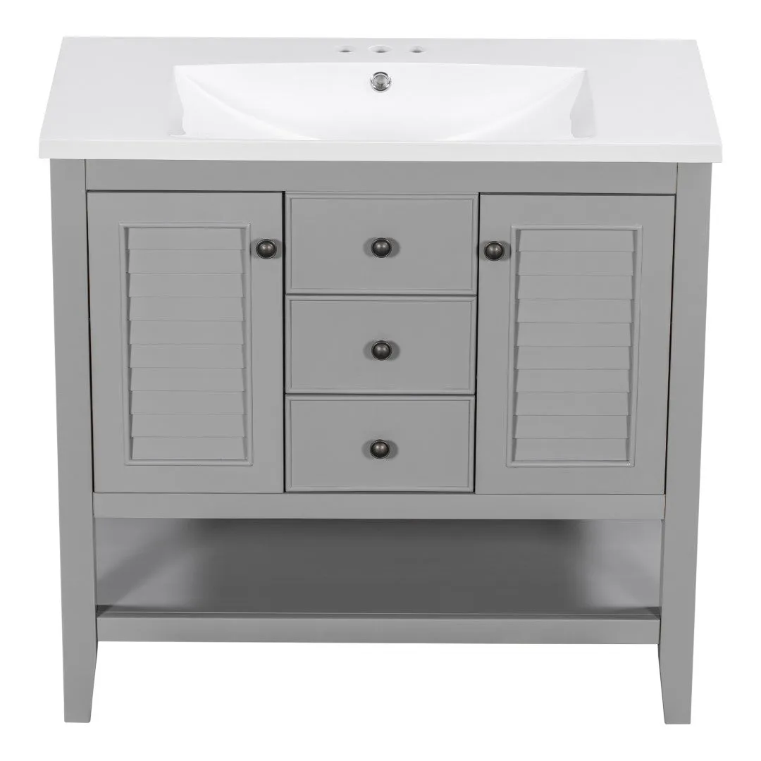 36" Bathroom Vanity, Ceramic Basin, 2 Cabinets & Drawers, Open Shelf, Solid Wood Frame, Grey (Old Sku: Sy999101Aae)
