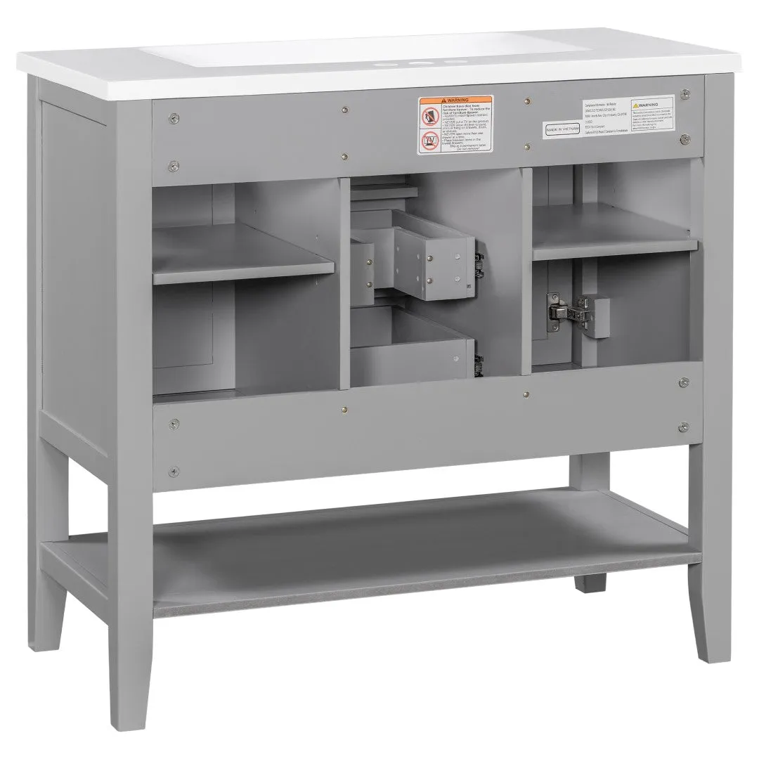 36" Bathroom Vanity, Ceramic Basin, 2 Cabinets & Drawers, Open Shelf, Solid Wood Frame, Grey (Old Sku: Sy999101Aae)