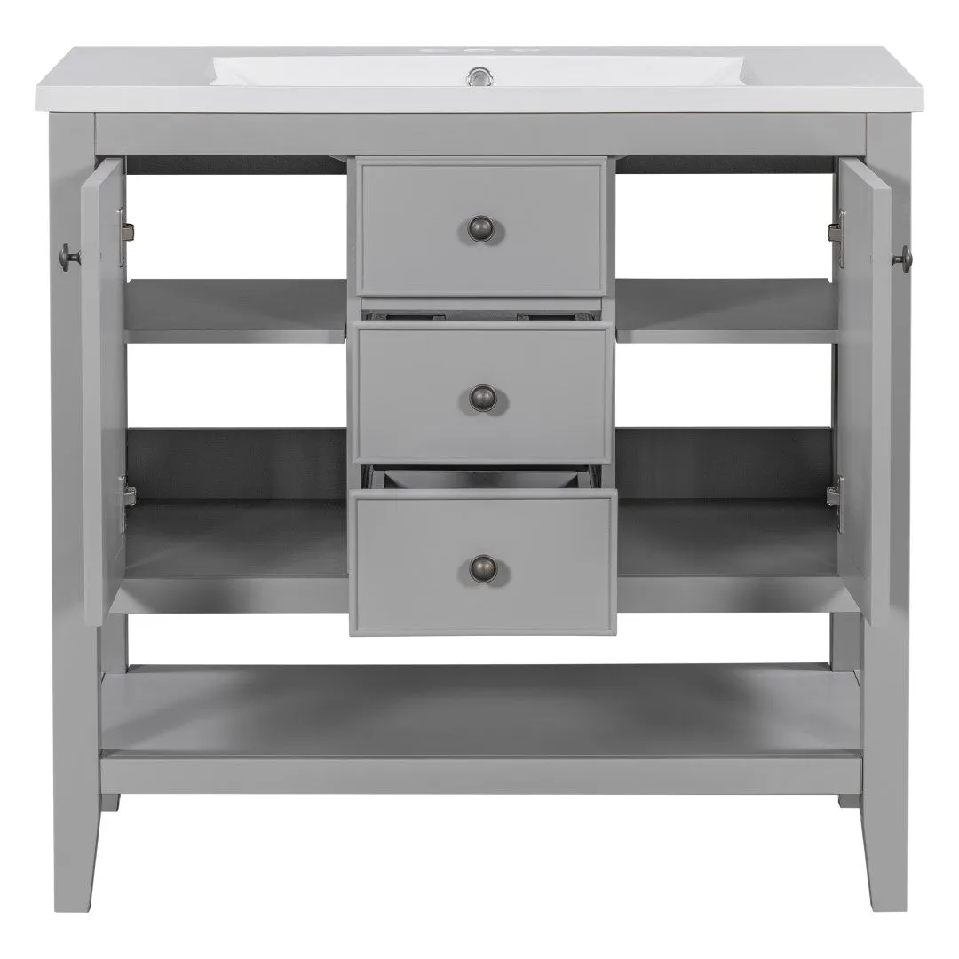 36" Bathroom Vanity, Ceramic Basin, 2 Cabinets & Drawers, Open Shelf, Solid Wood Frame, Grey (Old Sku: Sy999101Aae)