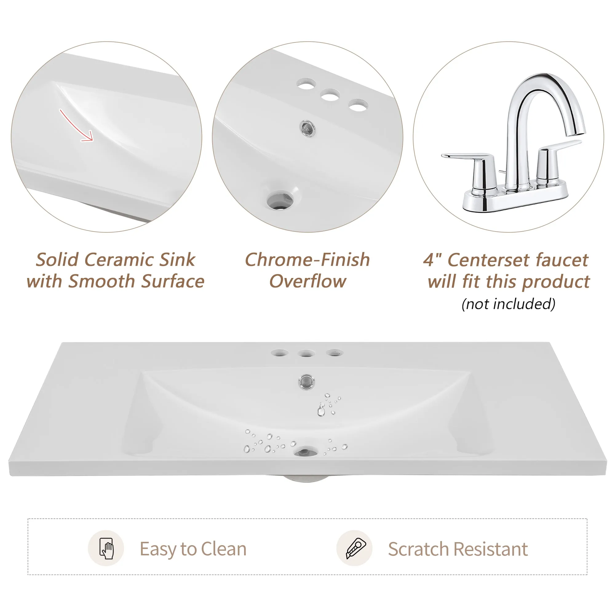 36" Bathroom Vanity, Ceramic Basin, 2 Cabinets & Drawers, Open Shelf, Solid Wood Frame, Grey (Old Sku: Sy999101Aae)
