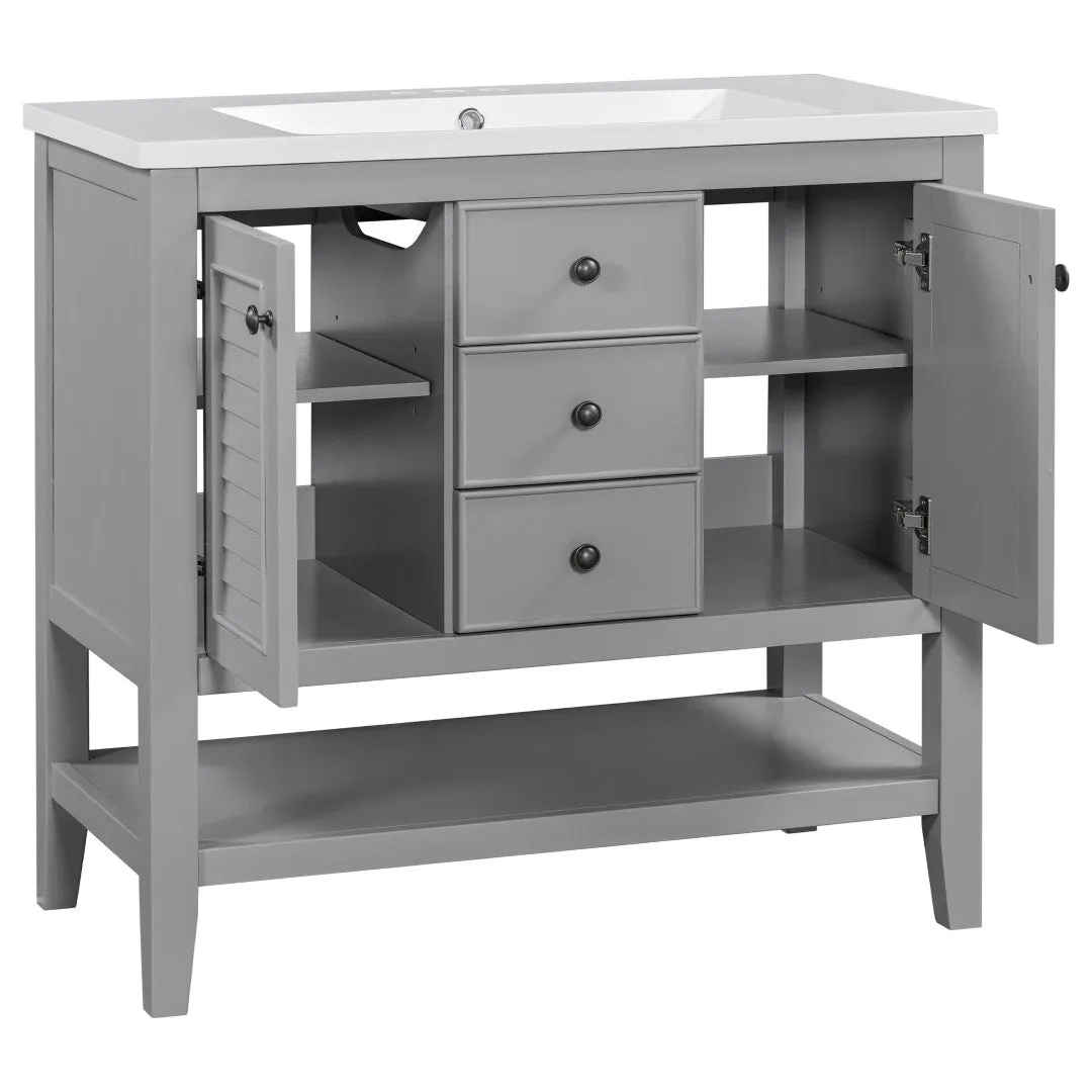 36" Bathroom Vanity, Ceramic Basin, 2 Cabinets & Drawers, Open Shelf, Solid Wood Frame, Grey (Old Sku: Sy999101Aae)