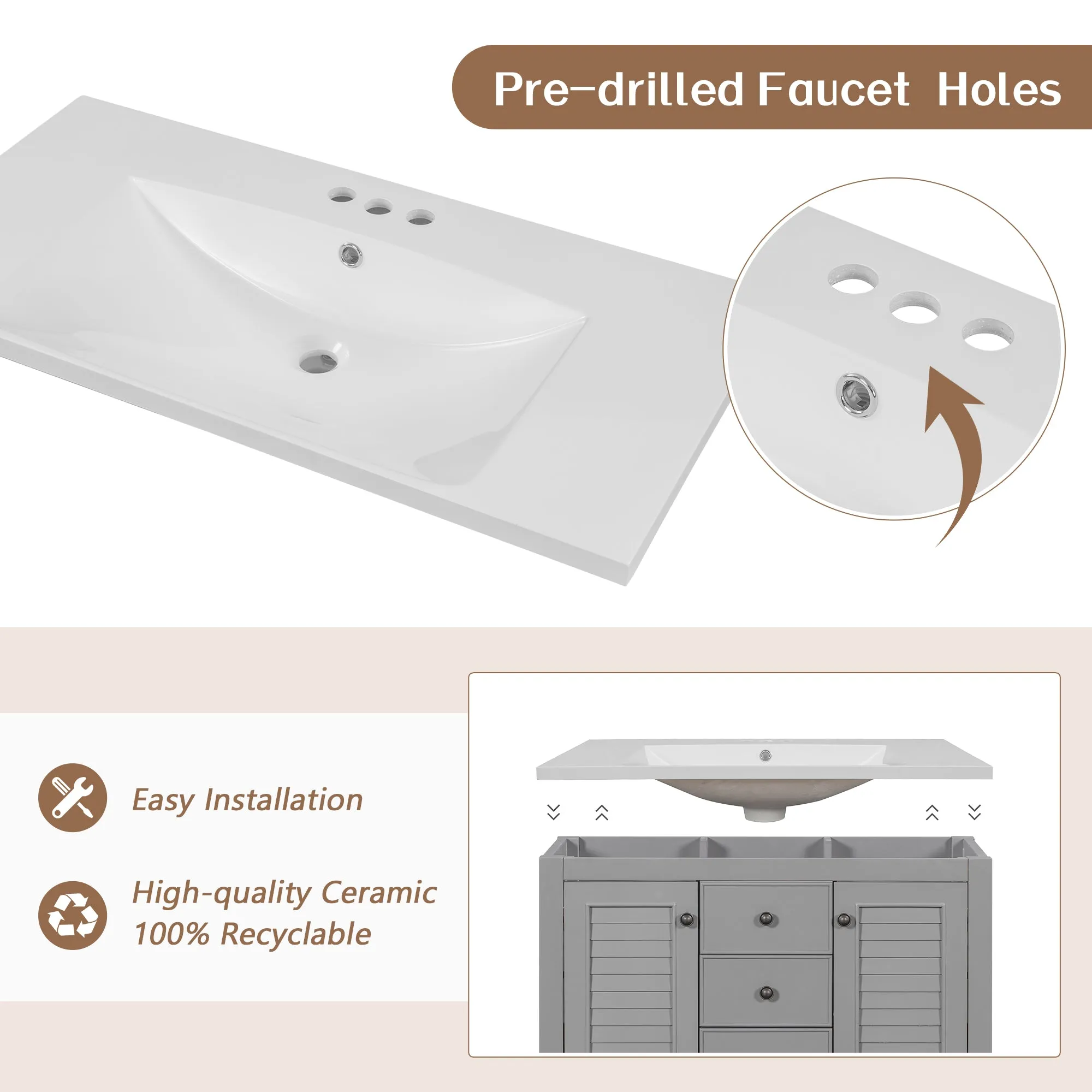 36" Bathroom Vanity, Ceramic Basin, 2 Cabinets & Drawers, Open Shelf, Solid Wood Frame, Grey (Old Sku: Sy999101Aae)