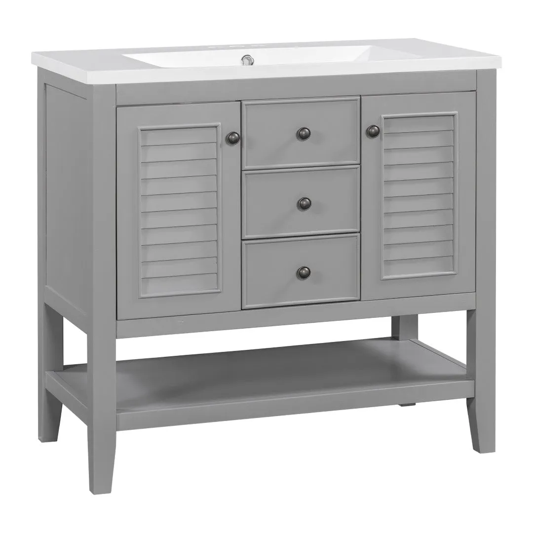 36" Bathroom Vanity, Ceramic Basin, 2 Cabinets & Drawers, Open Shelf, Solid Wood Frame, Grey (Old Sku: Sy999101Aae)