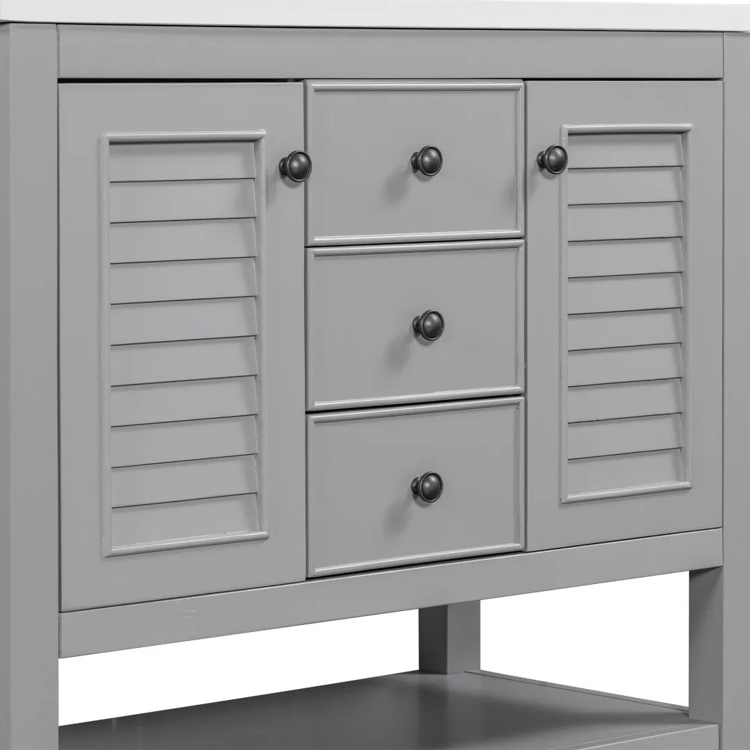 36" Bathroom Vanity, Ceramic Basin, 2 Cabinets & Drawers, Open Shelf, Solid Wood Frame, Grey (Old Sku: Sy999101Aae)