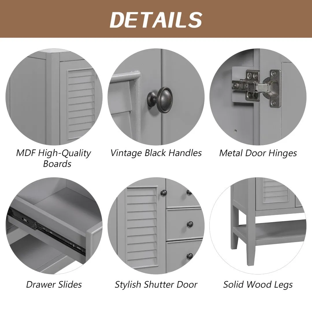 36" Bathroom Vanity, Ceramic Basin, 2 Cabinets & Drawers, Open Shelf, Solid Wood Frame, Grey (Old Sku: Sy999101Aae)