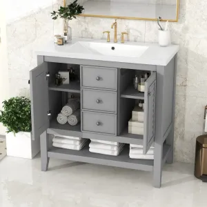 36" Bathroom Vanity, Ceramic Basin, 2 Cabinets & Drawers, Open Shelf, Solid Wood Frame, Grey (Old Sku: Sy999101Aae)
