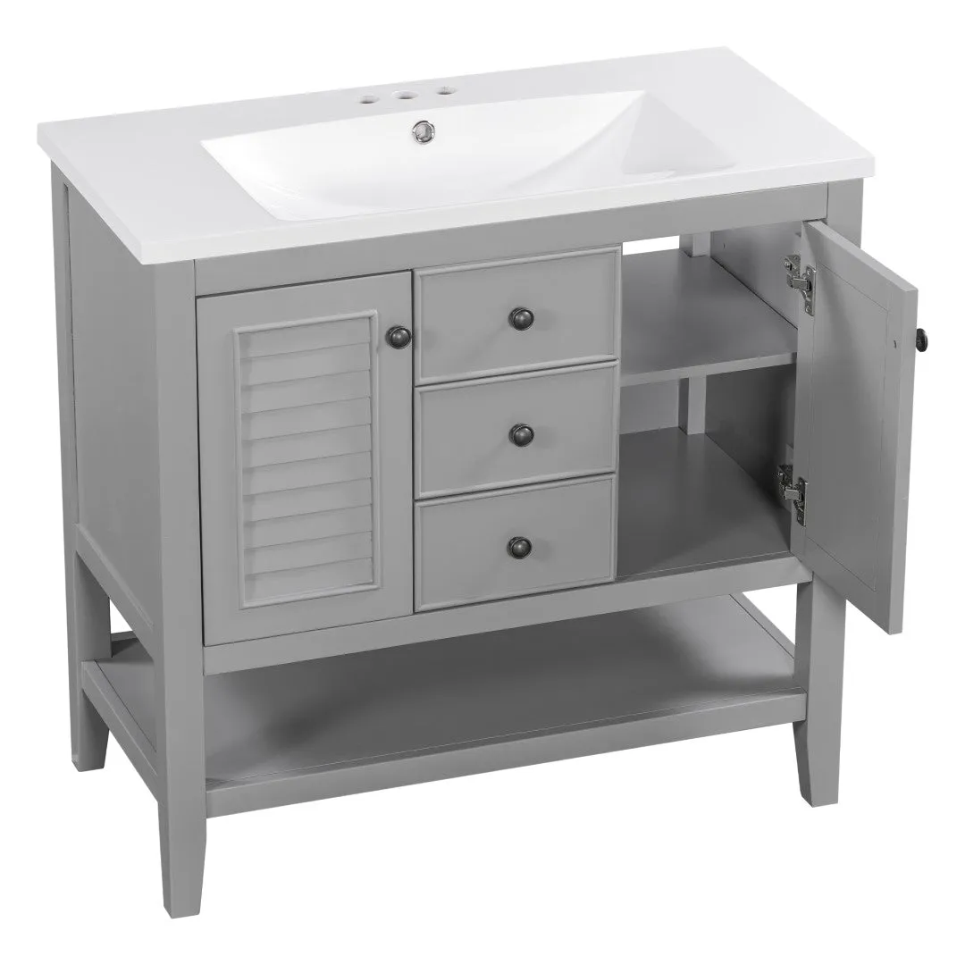 36" Bathroom Vanity, Ceramic Basin, 2 Cabinets & Drawers, Open Shelf, Solid Wood Frame, Grey (Old Sku: Sy999101Aae)
