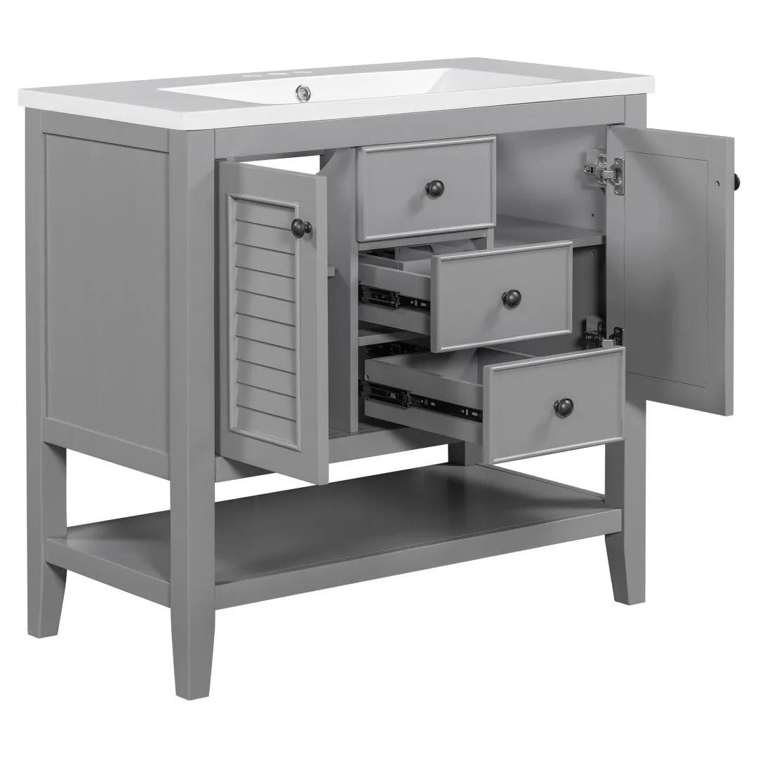 36" Bathroom Vanity, Ceramic Basin, 2 Cabinets & Drawers, Open Shelf, Solid Wood Frame, Grey (Old Sku: Sy999101Aae)