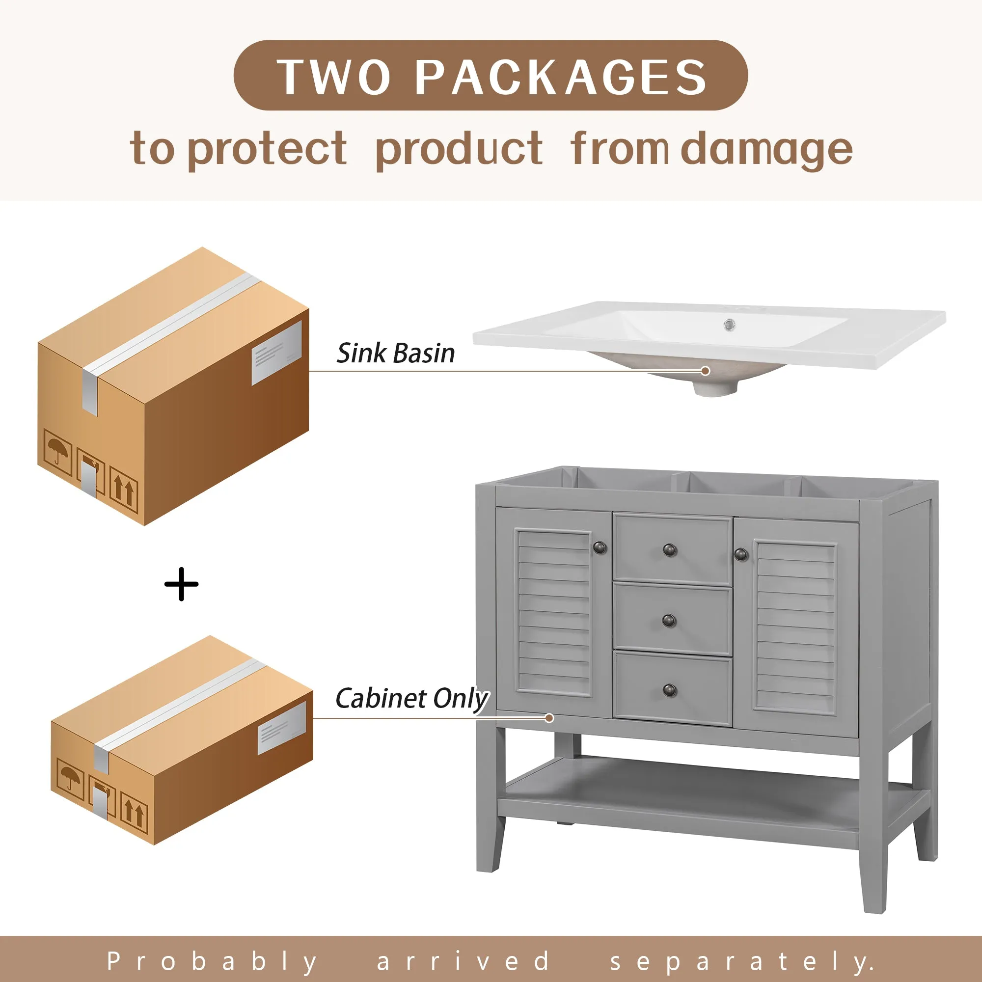 36" Bathroom Vanity, Ceramic Basin, 2 Cabinets & Drawers, Open Shelf, Solid Wood Frame, Grey (Old Sku: Sy999101Aae)