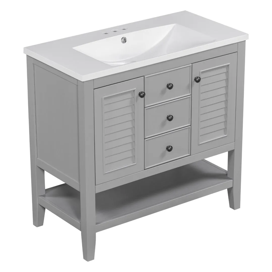 36" Bathroom Vanity, Ceramic Basin, 2 Cabinets & Drawers, Open Shelf, Solid Wood Frame, Grey (Old Sku: Sy999101Aae)