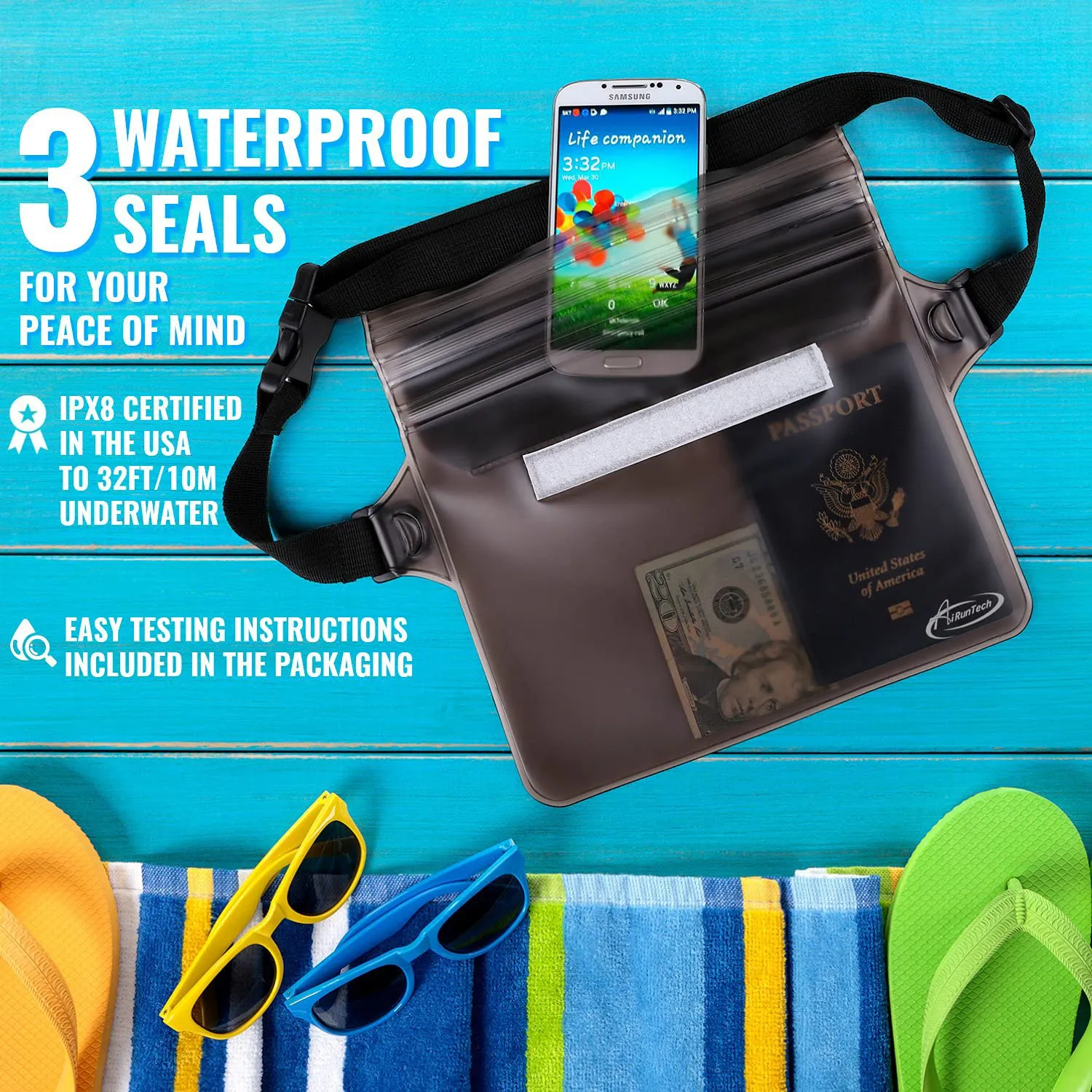 AiRunTech Waterproof Pouch with Waist Strap (2 Pack) | Accessories Best Way to Keep Your Phone and Valuables Safe and Dry | Perfect for Boating Swimming Snorkeling Kayaking Beach Poo(Gray Black)