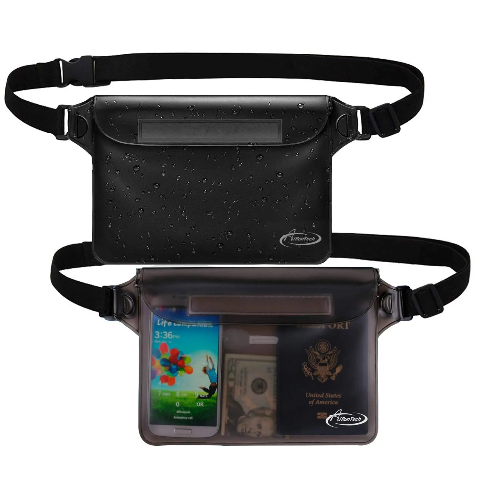 AiRunTech Waterproof Pouch with Waist Strap (2 Pack) | Accessories Best Way to Keep Your Phone and Valuables Safe and Dry | Perfect for Boating Swimming Snorkeling Kayaking Beach Poo(Gray Black)