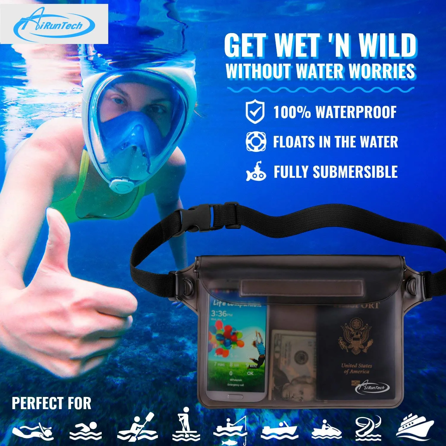 AiRunTech Waterproof Pouch with Waist Strap (2 Pack) | Accessories Best Way to Keep Your Phone and Valuables Safe and Dry | Perfect for Boating Swimming Snorkeling Kayaking Beach Poo(Gray Black)
