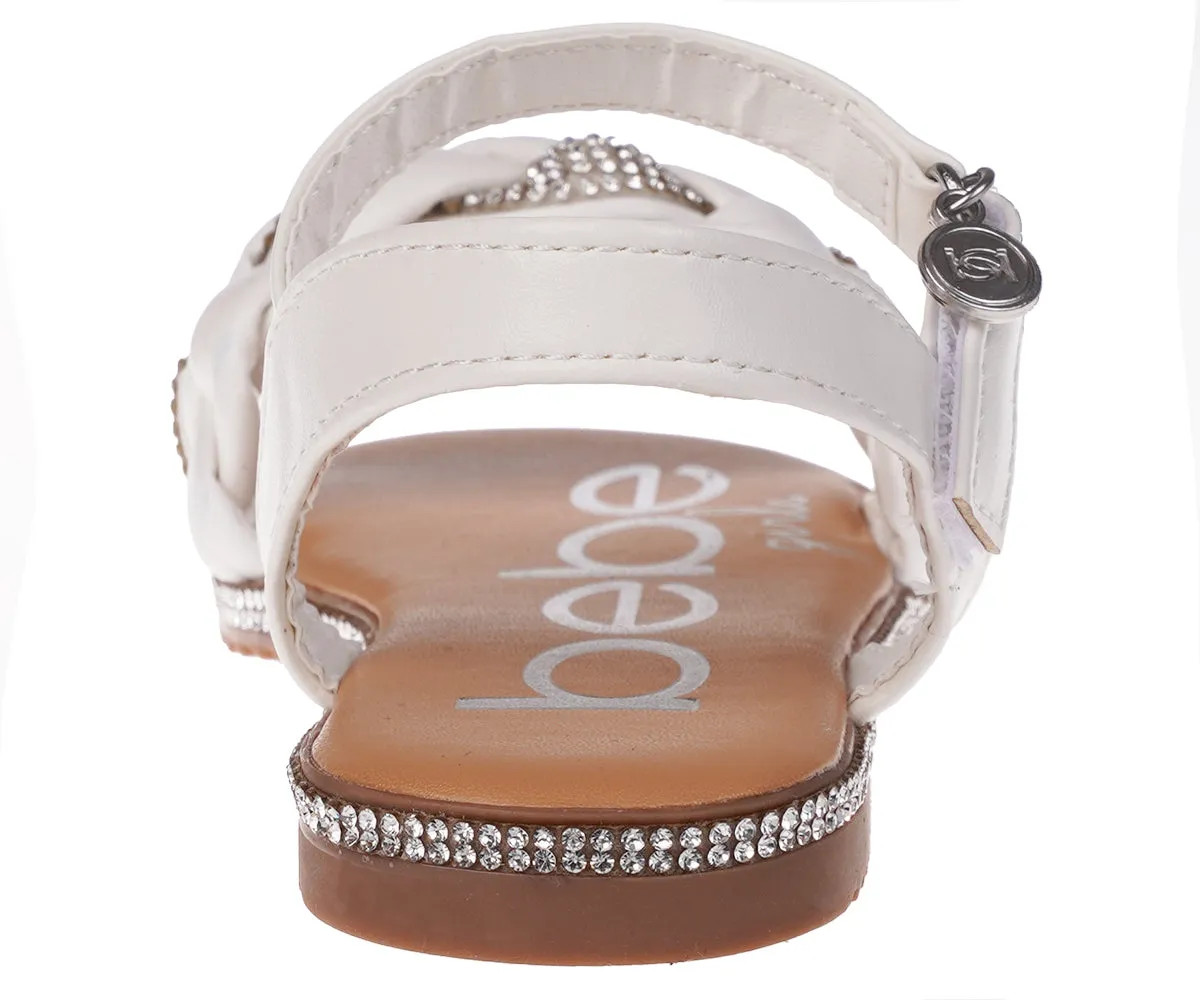 bebe Girl's Trendy Braided Flat Sandals with Silver Rhinestone Details - Flat Sandals for Little Kid/Big Kid