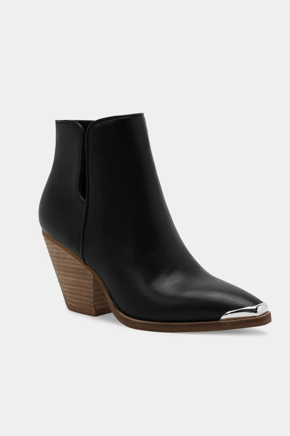 Black Pointed Metal-Tip Toe Block Heel Ankle Boots