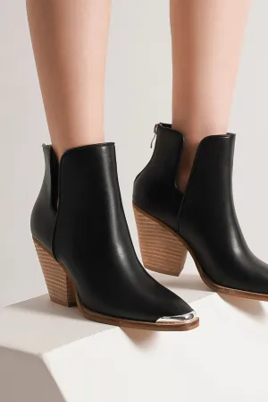 Black Pointed Metal-Tip Toe Block Heel Ankle Boots