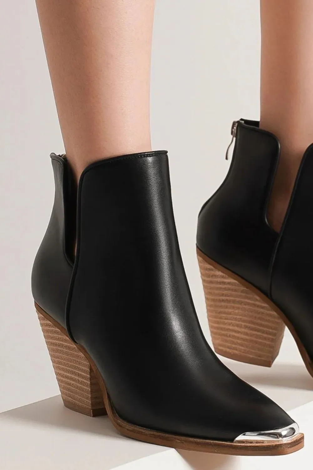 Black Pointed Metal-Tip Toe Block Heel Ankle Boots