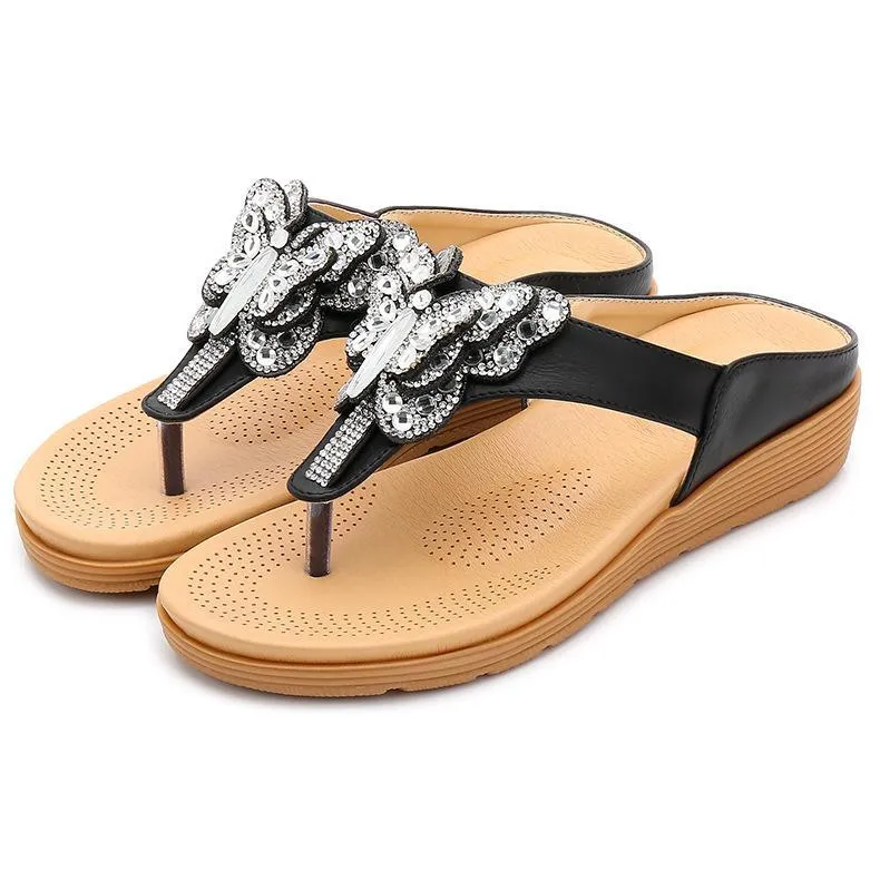 Chicvane Rhinestone Butterfly Bohemian Flip Flops