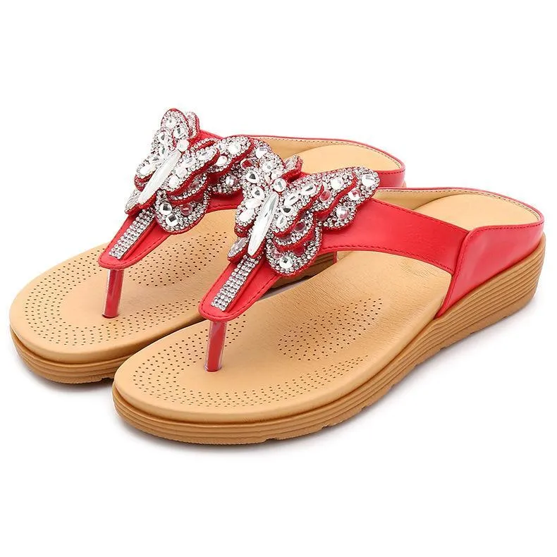Chicvane Rhinestone Butterfly Bohemian Flip Flops