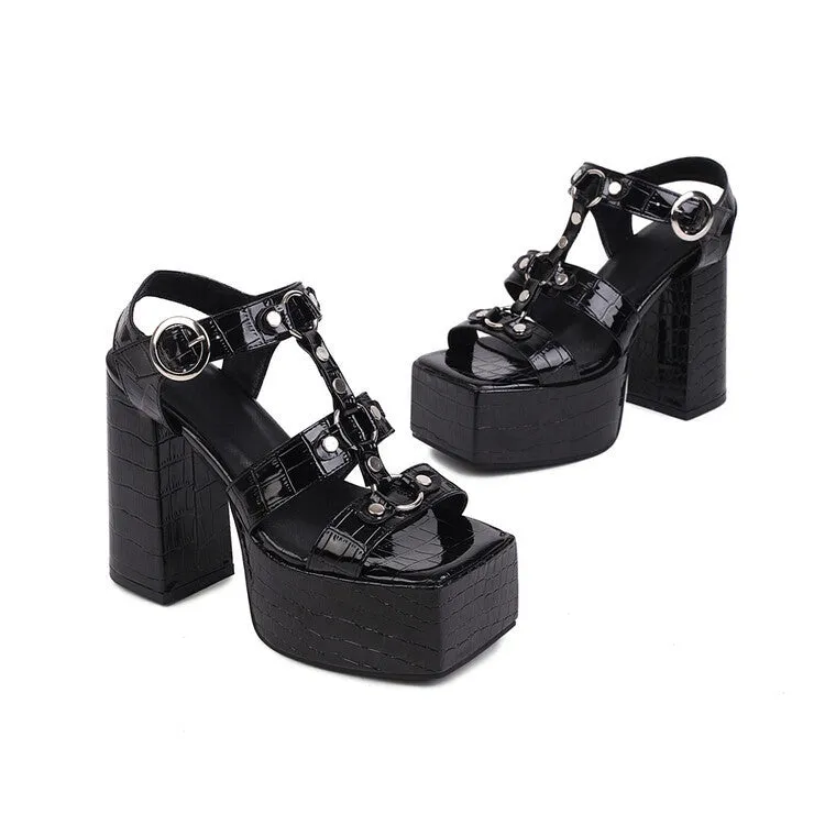 Chunky Heel Platform Strappy Sandals with Square Open Toe