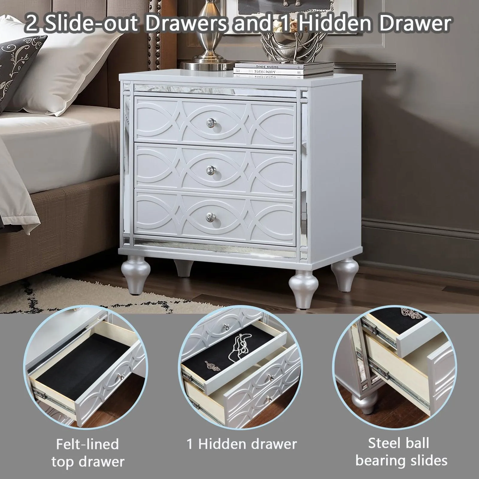 Contemporary Nightstands with mirror frame accents, Bedside Table with two drawers and one hidden drawer, End Table with Crystal Pull for Living Room,Bedroom, Silver