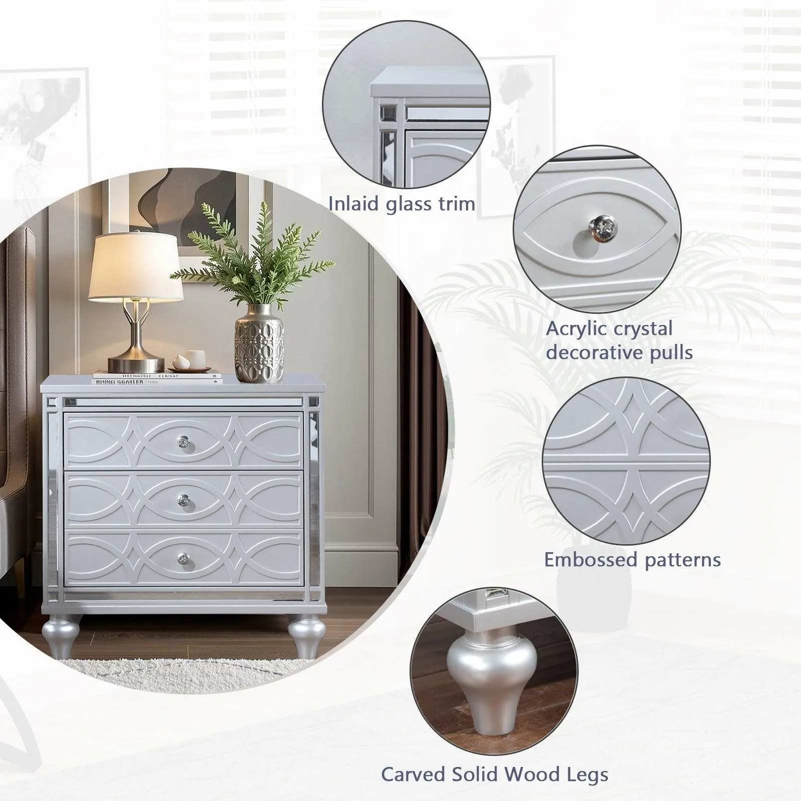 Contemporary Nightstands with mirror frame accents, Bedside Table with two drawers and one hidden drawer, End Table with Crystal Pull for Living Room,Bedroom, Silver